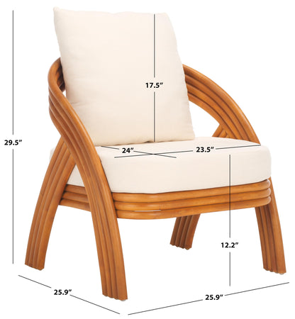 SAFAVIEH Couture Collection Demarco Tropical Coastal Natural Rattan/White Linen Cushion Accent Chair (Fully Assembled)