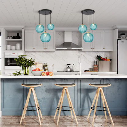 KCO Lighting Modern 3-Light Blue Striped Glass Pendant Light Fixture Nordic Glass Ball Cluster Chandelier Vintage Large Globe Pendant Lighting Mid-Century Black Island Light for Kitchen