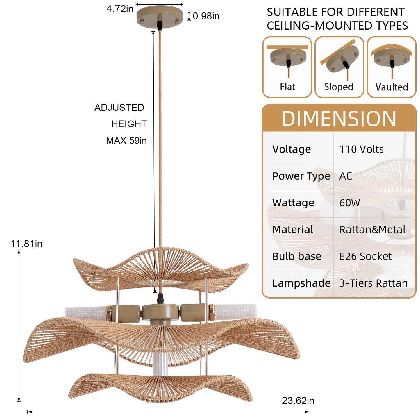 WHITECYGNET 24in Farmhouse Rattan Chandeliers Dining Room 3-Tier Large Wicker Chandelier Living Room Boho Light Fixture Rattan Pendant Lights Kitchen Island Woven Hanging Lighting for Bedroom