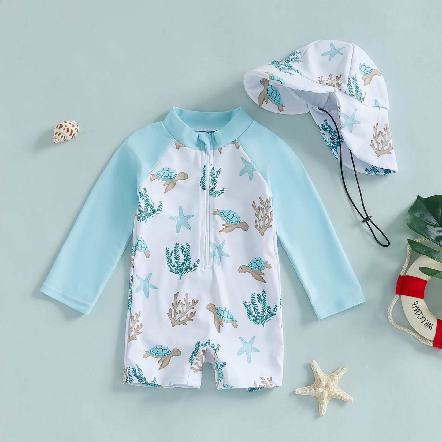 Toddler Infant Baby Boy Swimsuit Newborn Rash Guard Baby Boys Girls One Piece Zipper Bathing Suit Swimwear with Hat (a-Ivory, 1-2 Years)