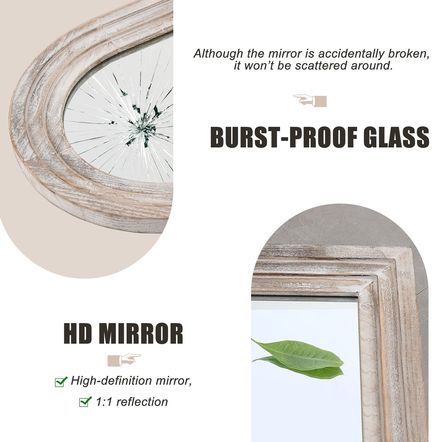 Trvone Arched Full Length Mirror - Solid Wood Frame Floor Mirror with Back Hooks for Vertical Hanging in Bedroom or Living Room (65"x22", Weathering White)
