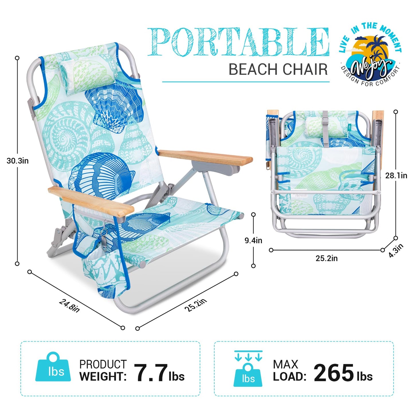 #WEJOY Beach Chair with 4 Positions for Adults Portable Backpack Aluminum Beach Chair with Wooden Armrest Lightweight Folding Chairs with Back Pocket Bag for Lawn Pool Patio Camping (Cyan Green)