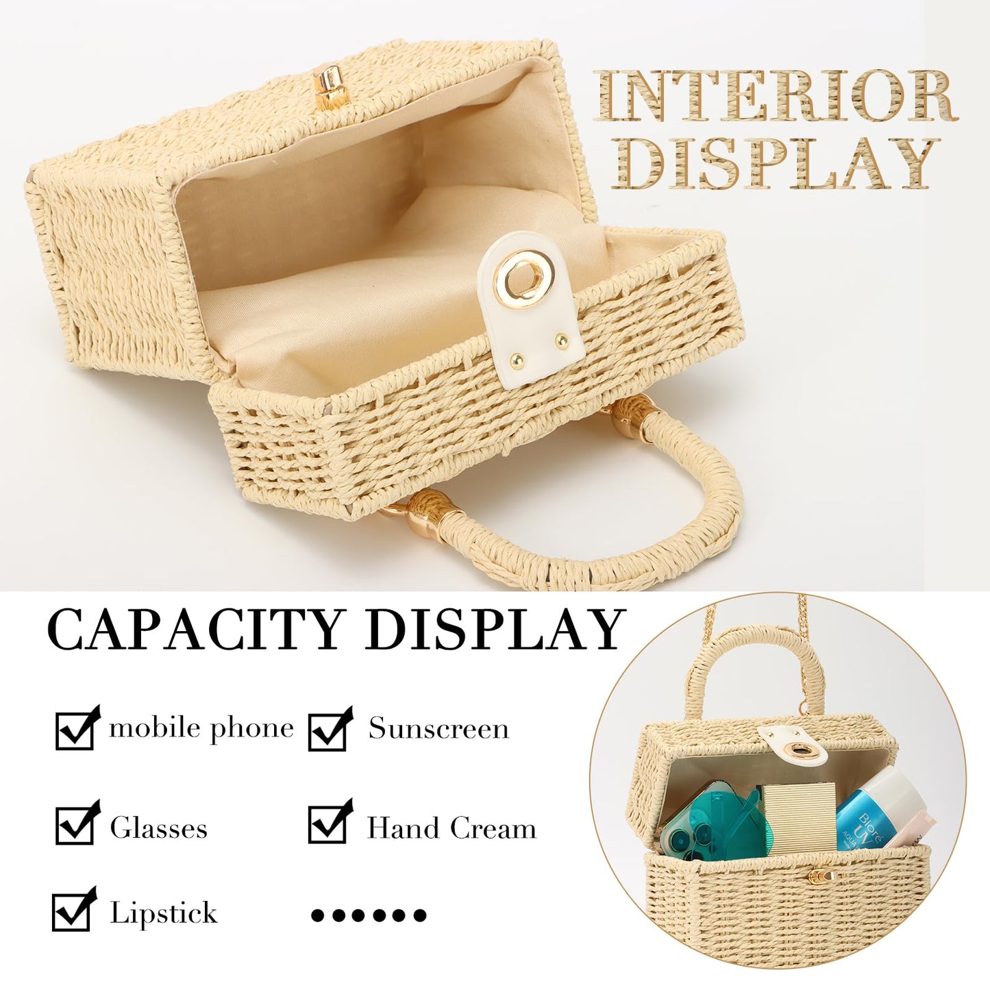 Fecialy Women Handwoven Rattan Handbag Beach Straw Tote Bag Square Boho Crossbody Bag,Beige