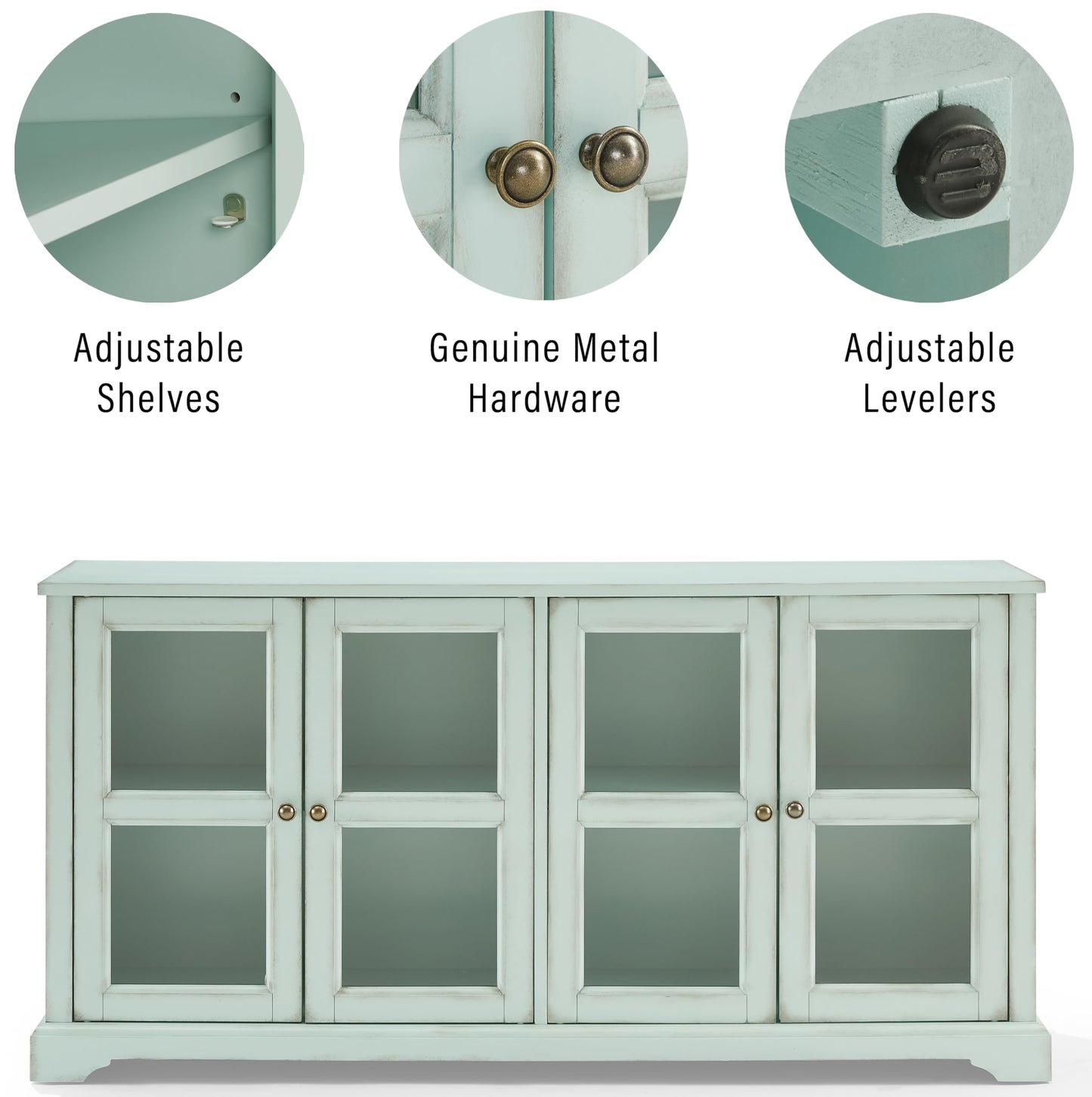 Crosley Furniture Holbrook Traditional Glass Door Sideboard Buffet Cabinet, Kitchen Storage, TV Stand, Distressed Seafoam Blue