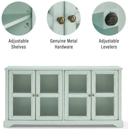 Crosley Furniture Holbrook Traditional Glass Door Sideboard Buffet Cabinet, Kitchen Storage, TV Stand, Distressed Seafoam Blue