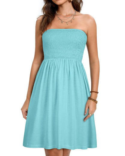 Summer Dresses for Women Strapless Casual Beach Cover Ups Tube Top Sundress（Aqua Blue, 2XL