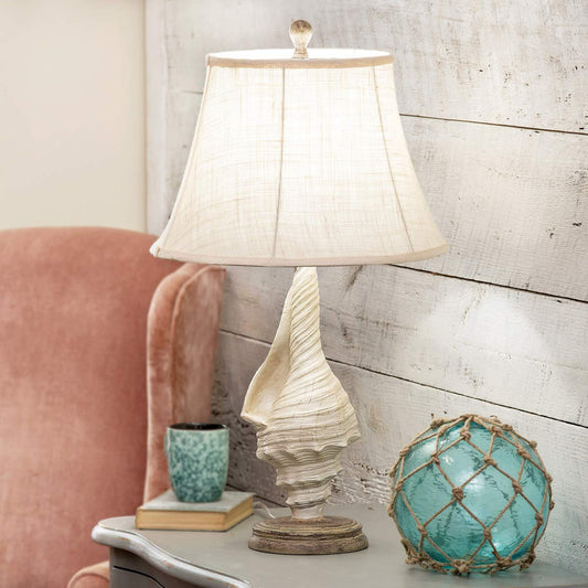 BLACK FOREST DECOR White Conch Shell Table Lamp – Coastal Nautical Beach Lamp with Burlap Shade – 28"