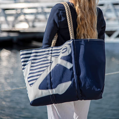 Sea Bags Recycled Sail Cloth Breton Stripe White Anchor Large Tote Bag Beach Bag Tote, Large Travel Carryall, Tote Bag for Work with Rope Handles. Made in the USA