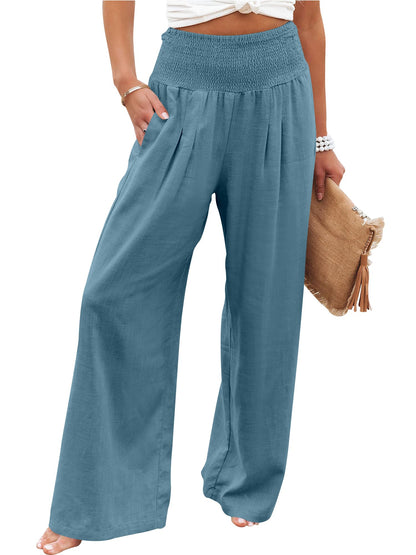 ANRABESS Women Linen Palazzo Pants Summer Boho Wide Leg High Waist Casual Lounge Pant 2026 Beach Travel Vacation Outfits Lake XX-Large
