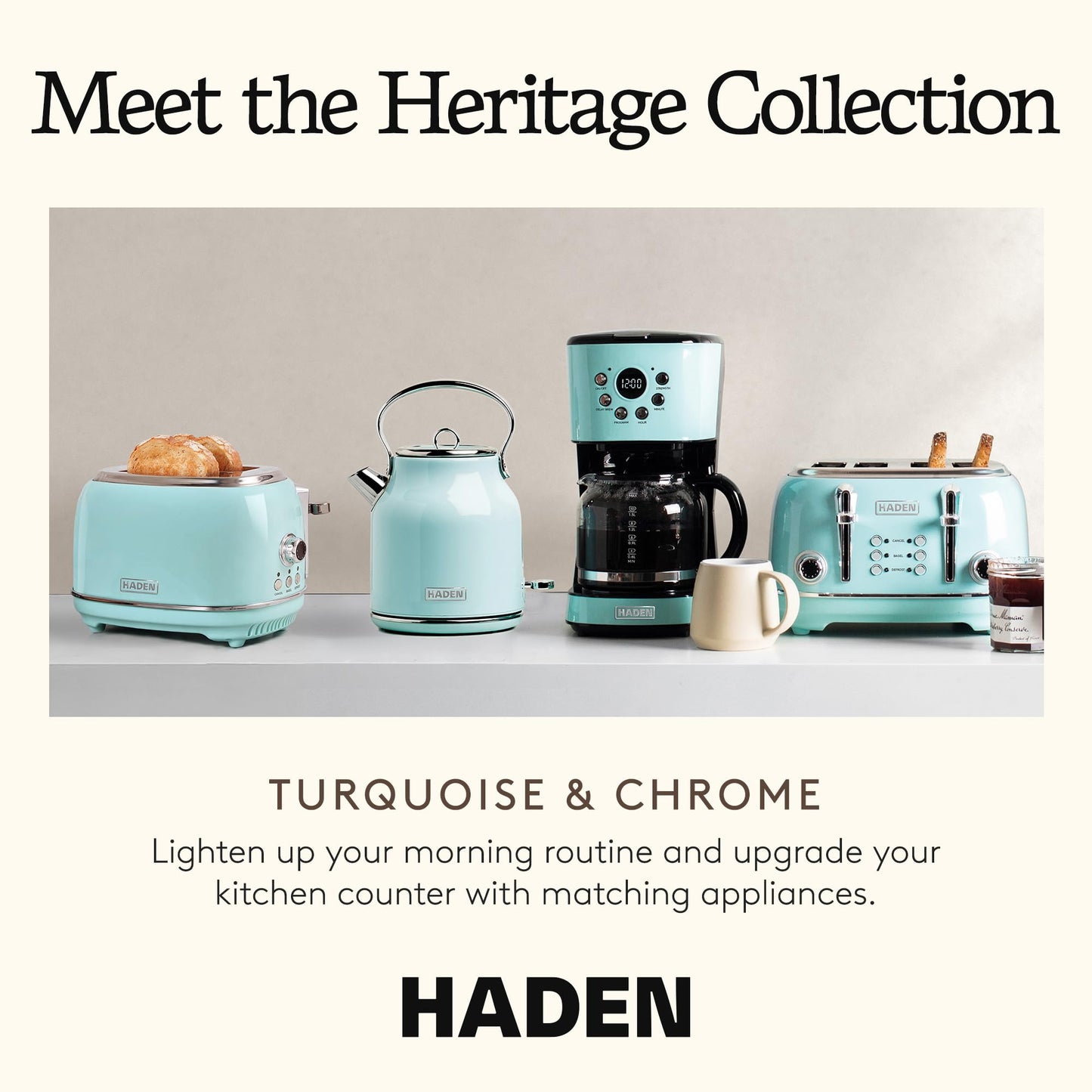 Haden Coffee Machine, 12 Cup Programmable Drip Coffee Maker with Auto Shut-Off Function and Reusable Washable Water Filter, Turquoise & Chrome