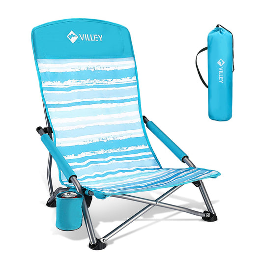 VILLEY Low Beach Chair, High Back Folding Chair for Adults, Lightweight and Portable for Outdoor, Camping, Lawn, Music Festival, with Cup Holder and Carry Bag - Blue Stripes