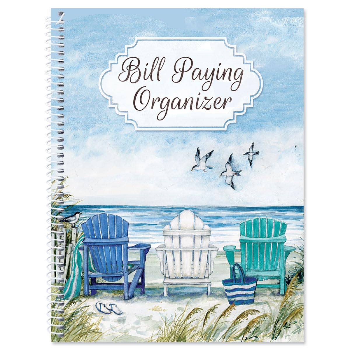 Current By The Sea Bill Paying Organizer Book - 9" x 12” Personal Account Book, Spiral Bound, 14 Storage Pockets, 32 Label Stickers, Monthly Finance & Payment Management Tracker for Home & Office