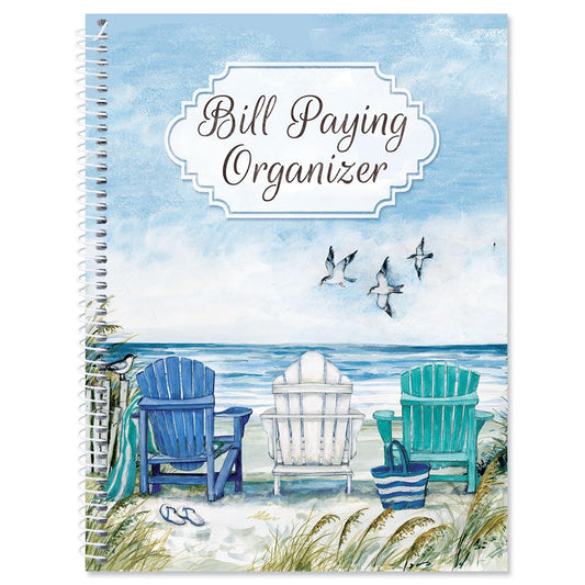 Current By The Sea Bill Paying Organizer Book - 9" x 12” Personal Account Book, Spiral Bound, 14 Storage Pockets, 32 Label Stickers, Monthly Finance & Payment Management Tracker for Home & Office