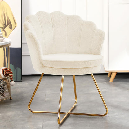 Furnimart Vanity Chair with Back, Shell Accent Chair for Living Room, Criss Cross Chair with Gold Legs, Makeup Chair for Bedroom Desk Chair no Wheels, Faux Fur White