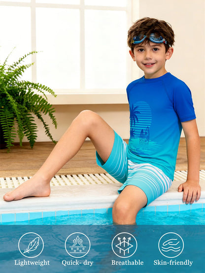 Boys Swim Sets Kids Short Sleeve Bathing Suit Blue Rash Guard for Boys Palm Tree Swim Trunks with Surfing Water Shirts Size 10