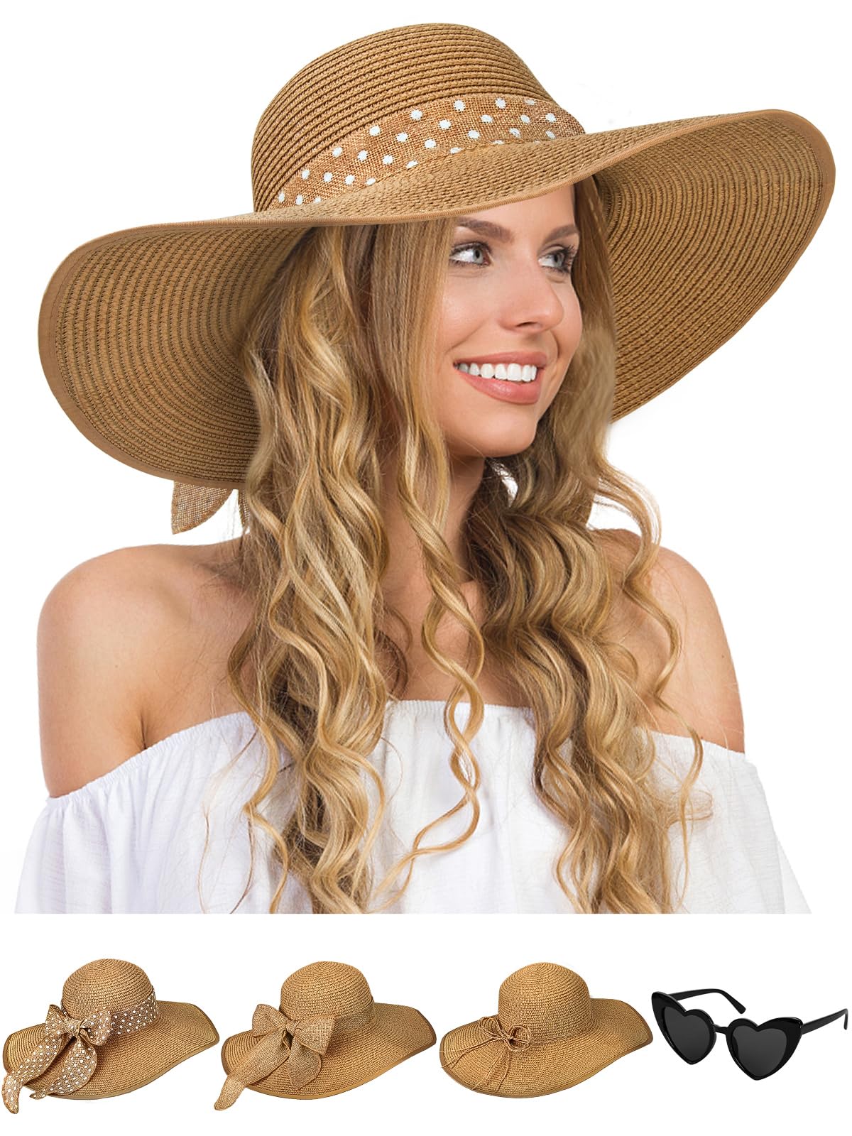 Senker Fashion Sun Hats for Women, Wide Brim Floppy Beach Straw Hat for Summer Travel Vacation Foldable with Sunglasses Khaki