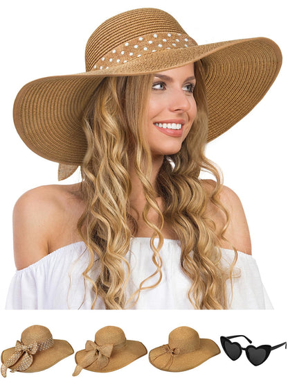 Senker Fashion Sun Hats for Women, Wide Brim Floppy Beach Straw Hat for Summer Travel Vacation Foldable with Sunglasses Khaki