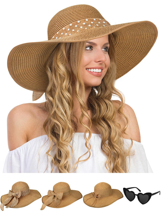 Senker Fashion Sun Hats for Women, Wide Brim Floppy Beach Straw Hat for Summer Travel Vacation Foldable with Sunglasses Khaki
