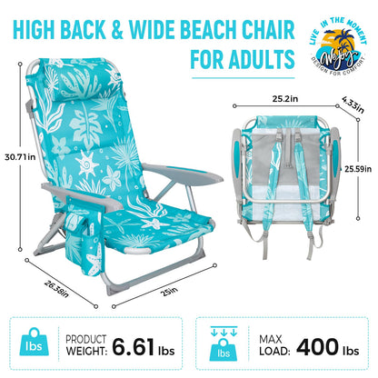 #WEJOY Beach Chair for Adults, Reclining Adjustable Position,Lay Flat Lightweight Folding Portable Aluminum Chair with Backpack Straps,Padded headrest, Heavy Duty 400 lbs Lawn Chair for Beach, 2 Pack