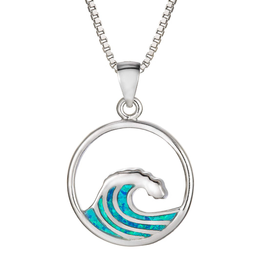 Aloha Jewelry Company Sterling Silver Created Blue Opal Wave Neckalce Pendant with 18" Box Chain