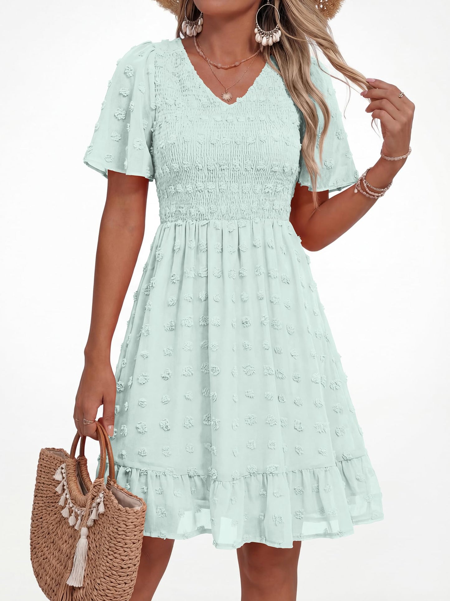 BTFBM Womens Beach Vacation Dress Summer 2026 V Neck Short Sleeve Smocked Swiss Dot Ruffle Casual Spring Mini Dresses(Light Green, XX-Large)