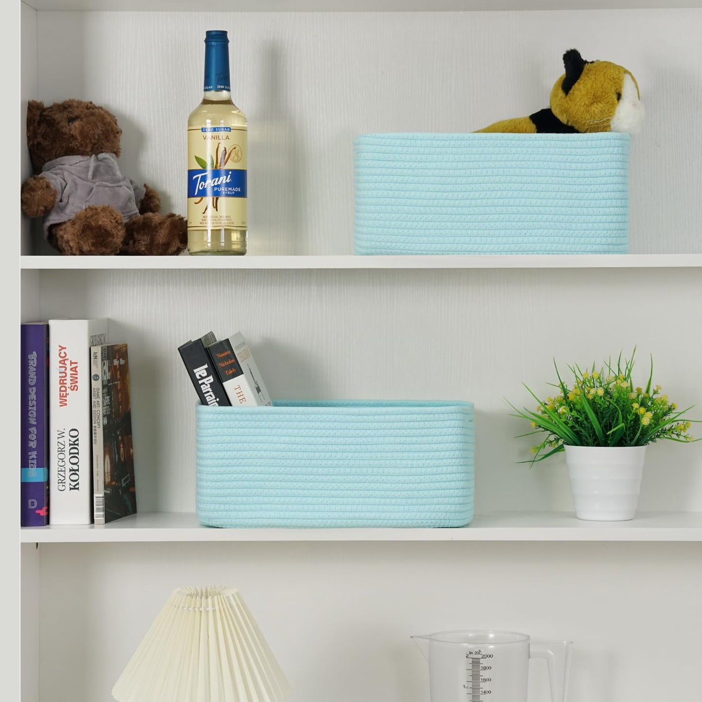 Maxuni 3-Pack Small Storage Baskets for Organizing | Woven Shelf Toy Basket | Rope Baskets for Gifts Empty | Closet Organizer Bins with Handles | Cube Decorative Box | 11.8×7.8×5.1” | Light Blue