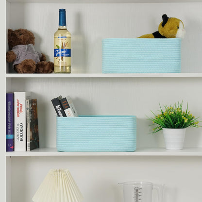 Maxuni 3-Pack Small Storage Baskets for Organizing | Woven Shelf Toy Basket | Rope Baskets for Gifts Empty | Closet Organizer Bins with Handles | Cube Decorative Box | 11.8×7.8×5.1” | Light Blue