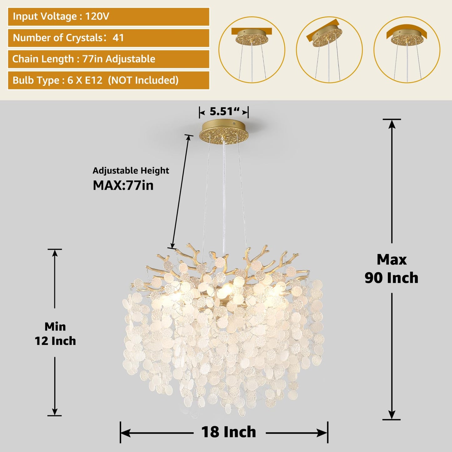 VBKK 18-Inch Coastal Chandelier, 6-Light Gold Tree Branch Chandelier, Modern Foyer Bedroom Chandeliers with Adjustable Height, Round Crystal Pendant Light Fixtures for Entryway Dining Room, E12