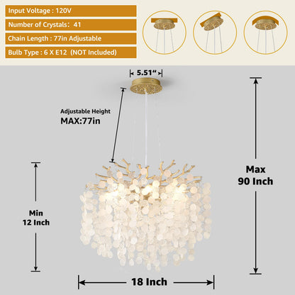 VBKK 18-Inch Coastal Chandelier, 6-Light Gold Tree Branch Chandelier, Modern Foyer Bedroom Chandeliers with Adjustable Height, Round Crystal Pendant Light Fixtures for Entryway Dining Room, E12
