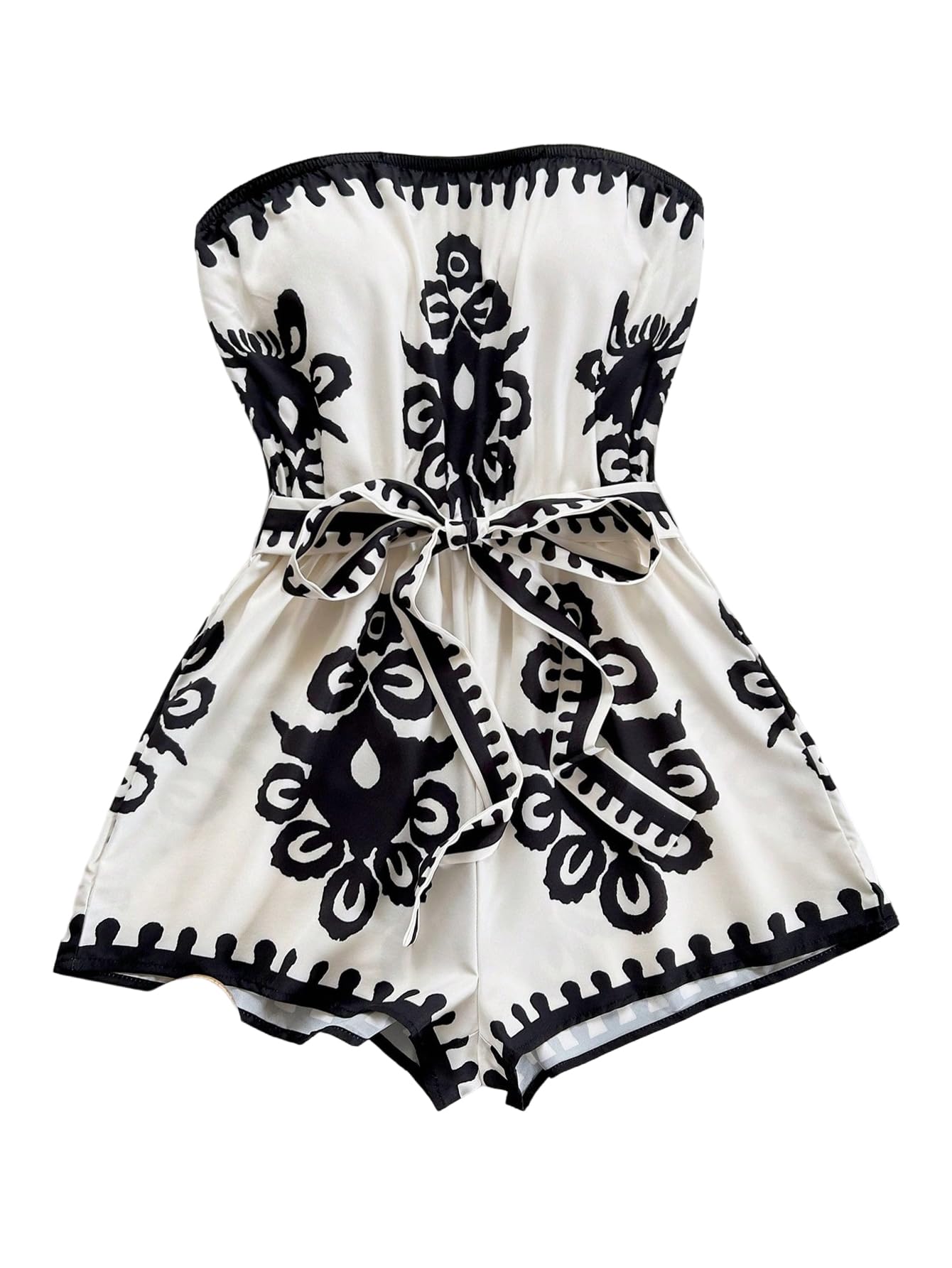 Floerns Women's Boho Floral Strapless Jumpsuit Sleeveless Vacation Short Belted Romper Black and White Small