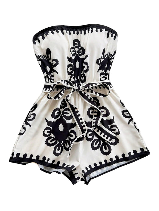 Floerns Women's Boho Floral Strapless Jumpsuit Sleeveless Vacation Short Belted Romper Black and White Small