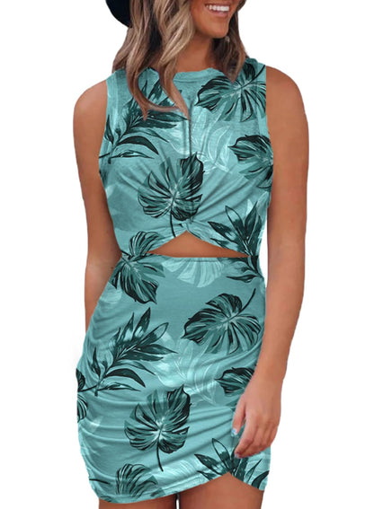 Acelitt Women's 2026 Spring Summer Floral Printed Tank Dress Cut Out Ruched Wrap Party Evening Dresses Vegas Outfits for Women Beach Vacation Sundress Resort Wear Green 2XL