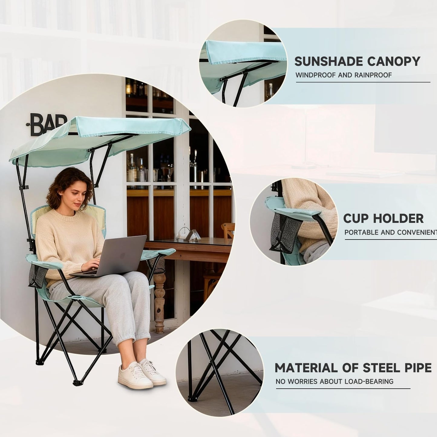YOUNG WOOD Portable Camping Chair Beach Chair with Shade Canopy, Fold Lightweight Oversized for All, Easy to Open and Close Without Installation, Side Pocket Design for All Outdoor Activities, Blue