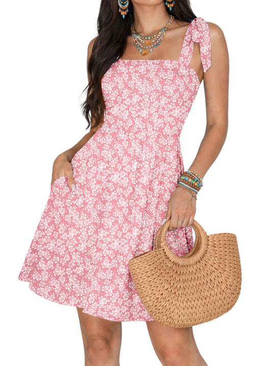 MIRALUNA Cute Summer Dresses Sleeveless Square Neck Vacation Beach Parties Bow Tie Shoulder Mini Dress with Pockets Pink White Floral Small