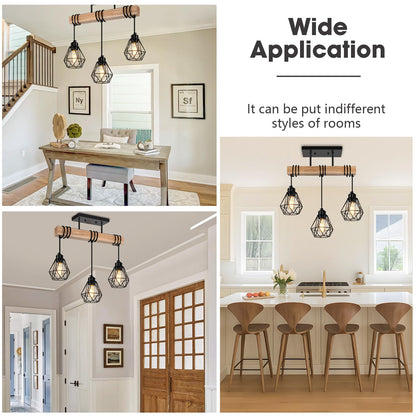 Feanron 3-Lights Farmhouse Dining Room Pendant Light Fixtures Over Table, Rustic Solid Wood Kitchen Island Lighting Hanging with Metal Shades, Modern Black Ceiling Pendant Lamp for Living Room Hallway