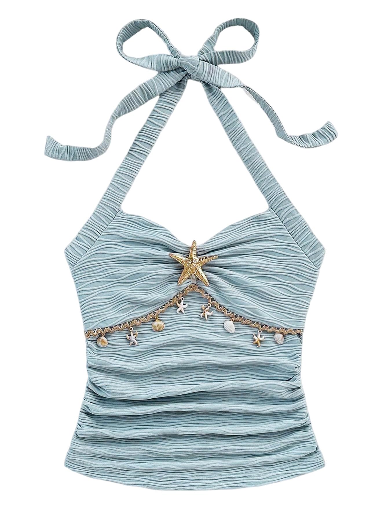 SweatyRocks Women's Backless Textured Halter Tops Starfish Shell Sleeveless Summer Tank Tops Light Blue Large