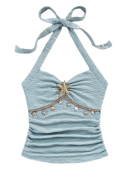 SweatyRocks Women's Backless Textured Halter Tops Starfish Shell Sleeveless Summer Tank Tops Light Blue Large