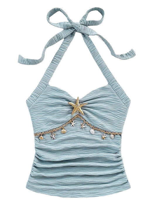 SweatyRocks Women's Backless Textured Halter Tops Starfish Shell Sleeveless Summer Tank Tops Light Blue Large