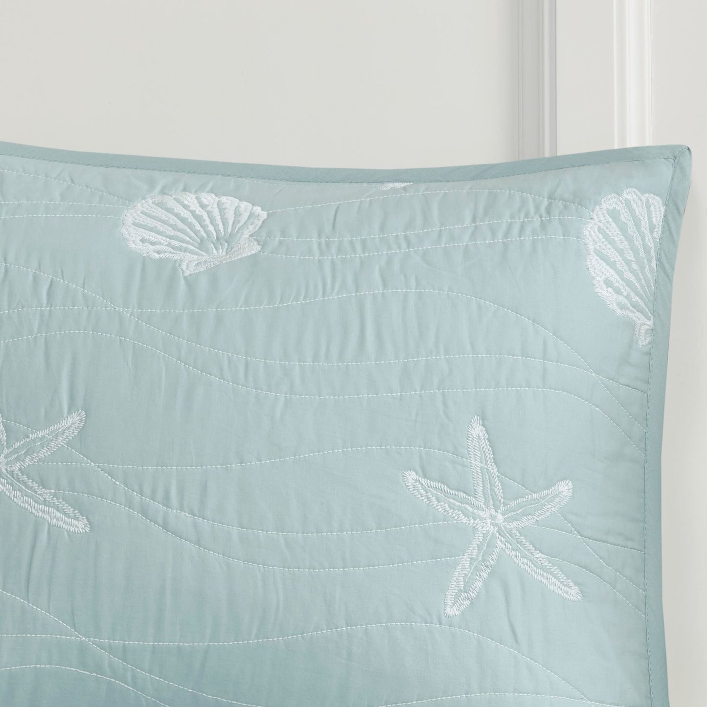 Harbor House Seaside Reversible Cotton Quilt Set Coastal Clam, Starfish, Coral Embroidery, All Season, Pre-Washed Coverlet Bedding Layer, Decorative Pillow, King/Cal King(108"x90") Seafoam 4 Piece