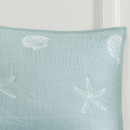 Harbor House Seaside Reversible Cotton Quilt Set Coastal Clam, Starfish, Coral Embroidery, All Season, Pre-Washed Coverlet Bedding Layer, Decorative Pillow, King/Cal King(108"x90") Seafoam 4 Piece
