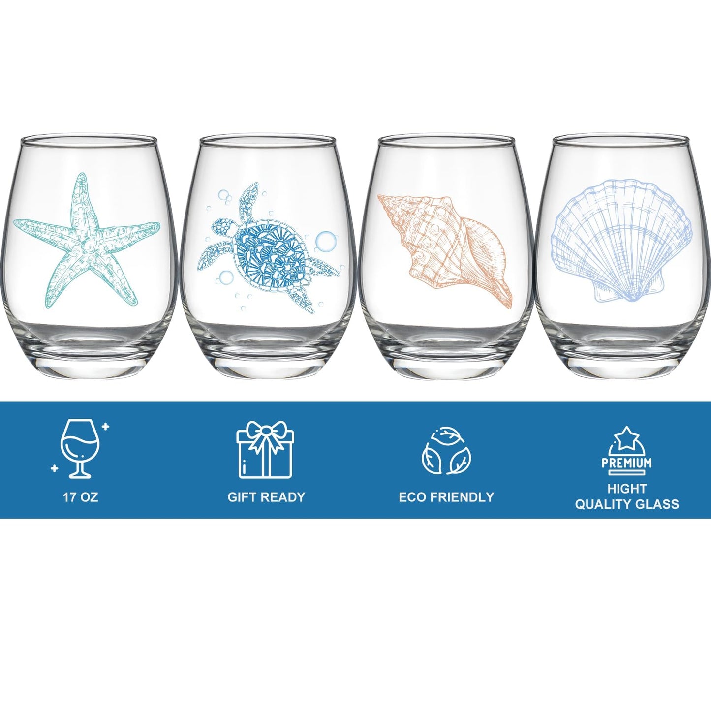 Ocean Themed Stemless Wine Glasses, Set of 4 Seashore Glassware - Sea Turtle, Starfish, Seashell, Conch Shell Assortment, Wine Gifts for Coastal Beach Lovers, Birthday Gifts for Women Mothers Day