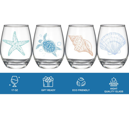 Ocean Themed Stemless Wine Glasses, Set of 4 Seashore Glassware - Sea Turtle, Starfish, Seashell, Conch Shell Assortment, Wine Gifts for Coastal Beach Lovers, Birthday Gifts for Women Mothers Day