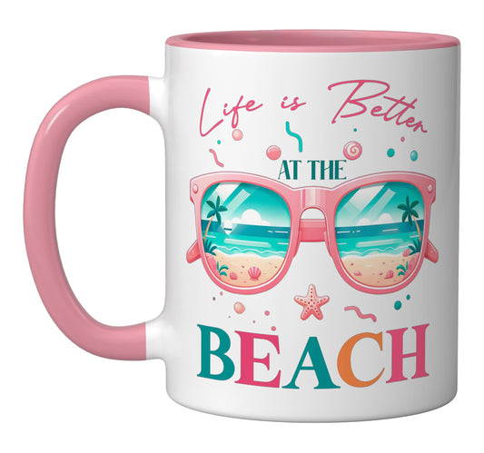 Life Is Better At The Beach Ceramic Mug, Pink/White