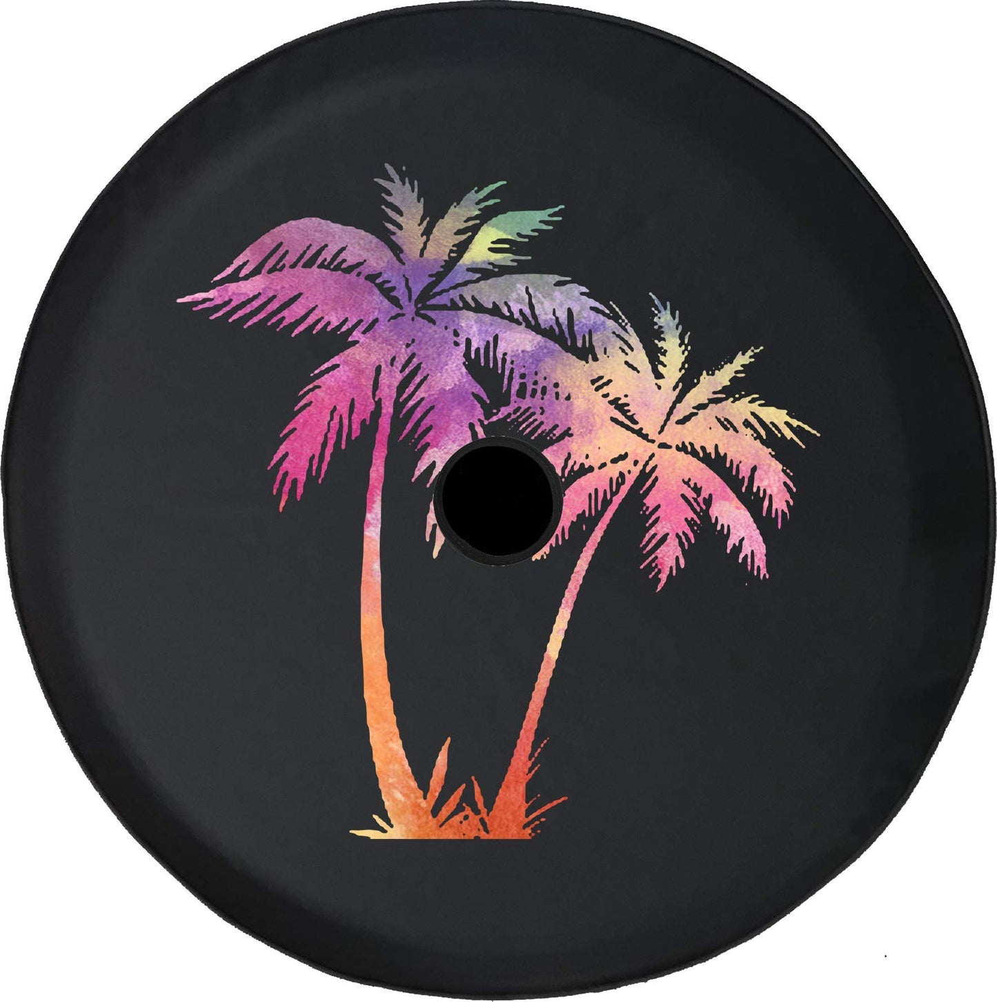 American Unlimited JL Spare Tire Cover Watercolor - Palm Trees on Beach JL Spare Tire Cover with Backup Camera Hole BUC (Fits: Jeep JL Accessories) Black 32 inch