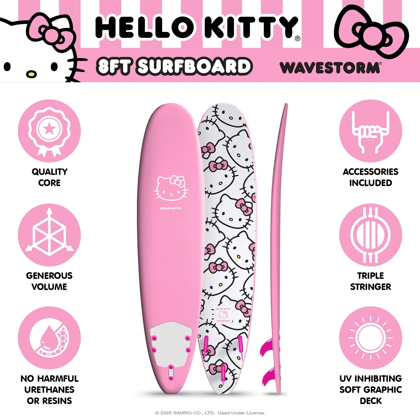 Hello Kitty 8ft Surfboard by Wavestorm | Graphic top Deck with high Density Slick Bottom | for Kids and Adults | Foam Construction with Accessories | Includes Basic Leash