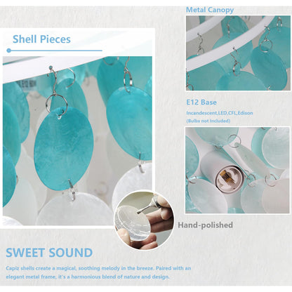 JC TOPA 4-Light Shells Chandelier, Modern Coastal Dining Room Light Fixtures, 17.7” Boho Seashell Light Fixtures for Bathroom Chandeliers Over Tub, Kitchen, Foyer, White and Blue