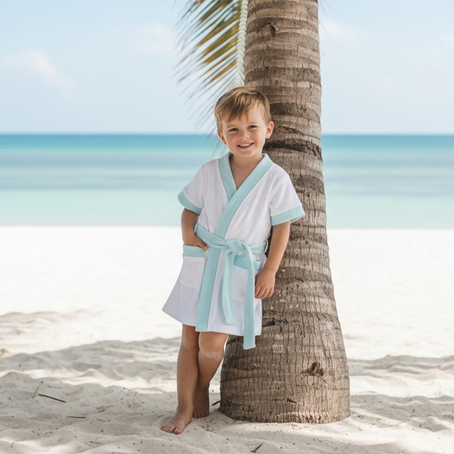 Motlapol Toddler Baby Boy Girl Swimsuit Cover Up Short Sleeve Color Block Belted Terry Cloth Poncho Infant Pool Beach Towel (Blue, 6-12 Months)