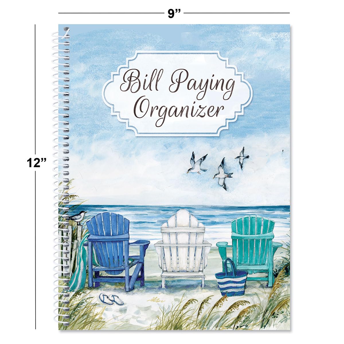 Current By The Sea Bill Paying Organizer Book - 9" x 12” Personal Account Book, Spiral Bound, 14 Storage Pockets, 32 Label Stickers, Monthly Finance & Payment Management Tracker for Home & Office