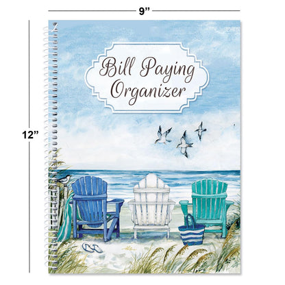 Current By The Sea Bill Paying Organizer Book - 9" x 12” Personal Account Book, Spiral Bound, 14 Storage Pockets, 32 Label Stickers, Monthly Finance & Payment Management Tracker for Home & Office