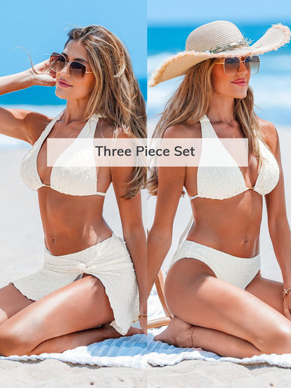 CUPSHE Women's Bikini Sets Three Piece Swimsuit V Neck Textured Halter Back Self Tie Twist Sarong Low Rise, L Beige